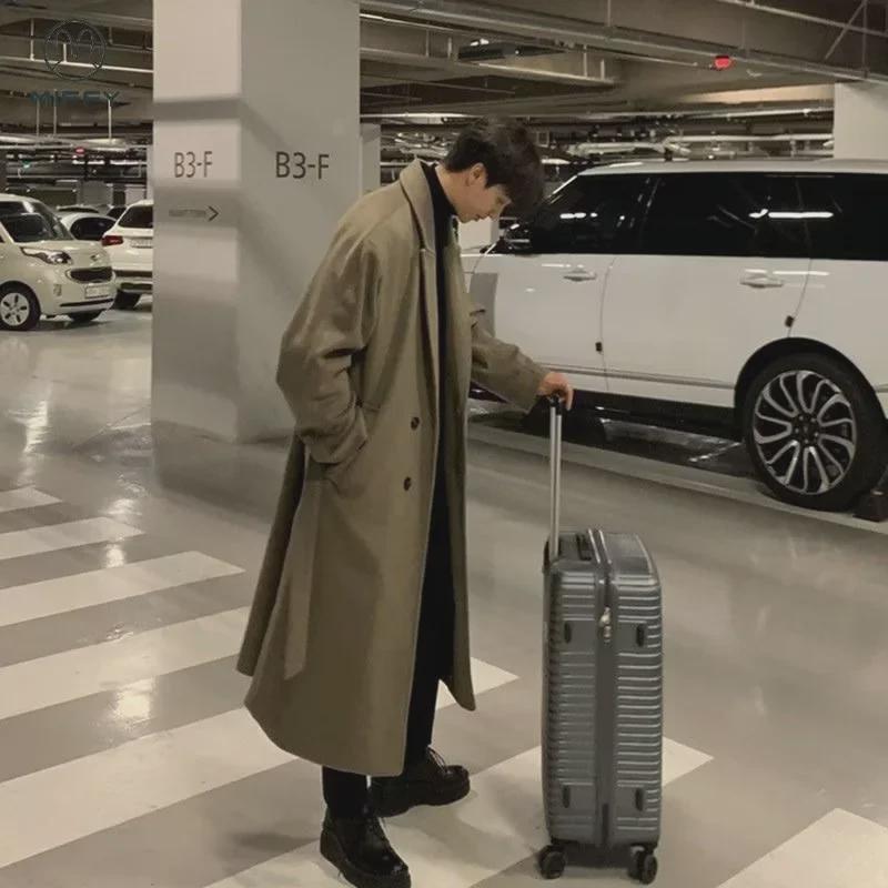 Woll-Windbreaker für Herren im koreanischen Stil, mittellang, knielang, lockere Passform, Frühling/Herbst, trendiges britisches Design