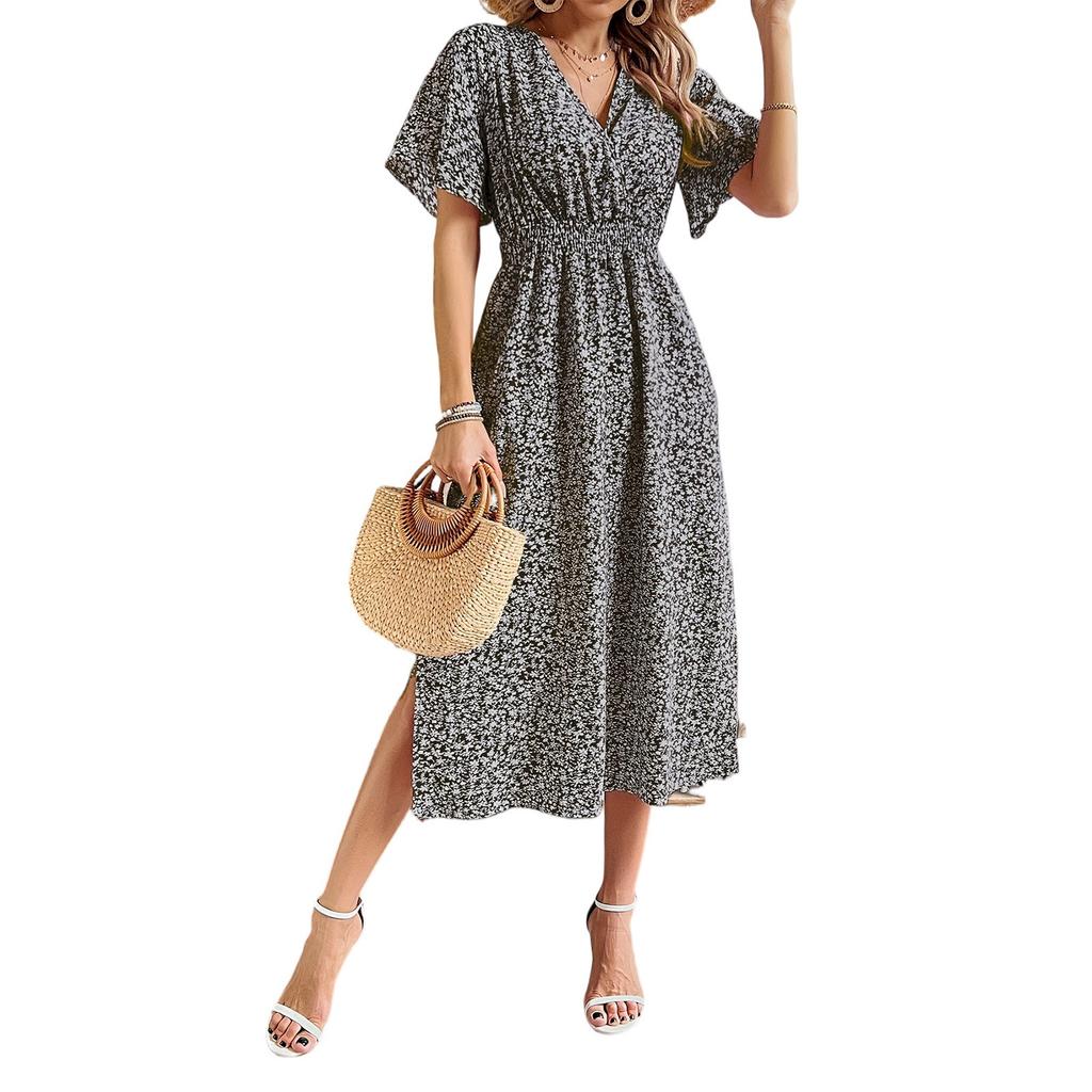 Women's V-neck High Waist A-line Floral Print Dress