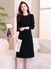 Hepburn Style Women's Elegant Black Midi Dress - Versatile Long Sleeve for Spring/Autumn 2026