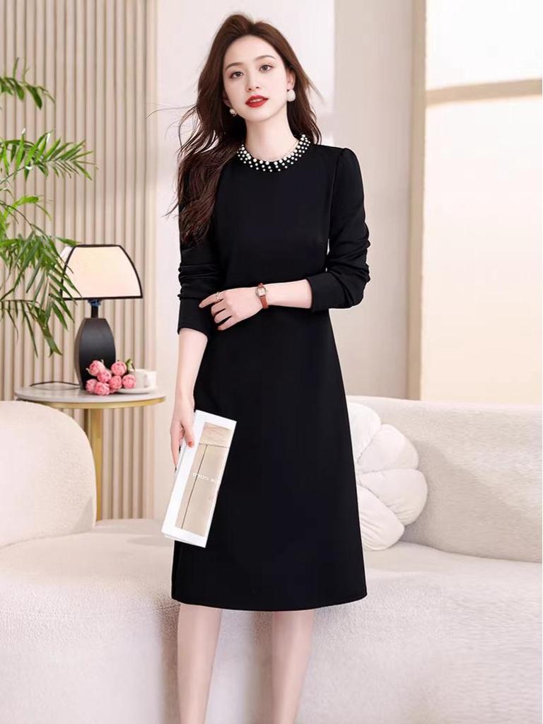 Hepburn Style Women's Elegant Black Midi Dress - Versatile Long Sleeve for Spring/Autumn 2026