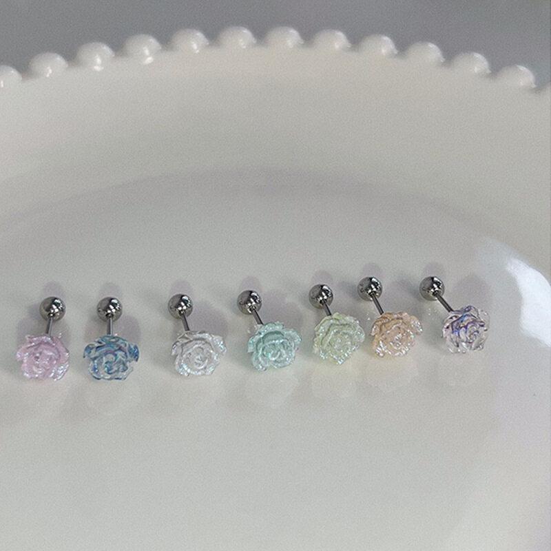 2PCS Acrylic Flower Stud Earring Fashion Women Shiny Colorful Screw Stud Earrings Stainless Steel Cartilage Helix Ear Piercing Jewelry Accessories