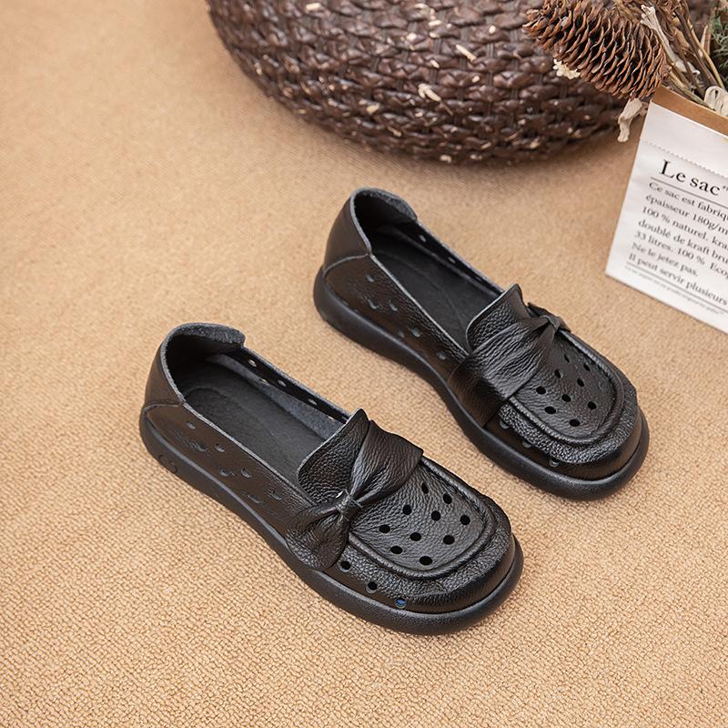 Fashion Genuine Leather Soft Sole Shallow Mouth Women's Shoes Hollow Out Breathable Casual Sneakers Comfort Women Flat Single Shoes