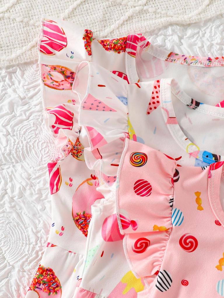 3pcs Young Girl's Casual and Cute Dessert Series Ice Cream & Candy & Donut Bread All-over Print Round Neck Short Sleeve Dress Spring/Summer