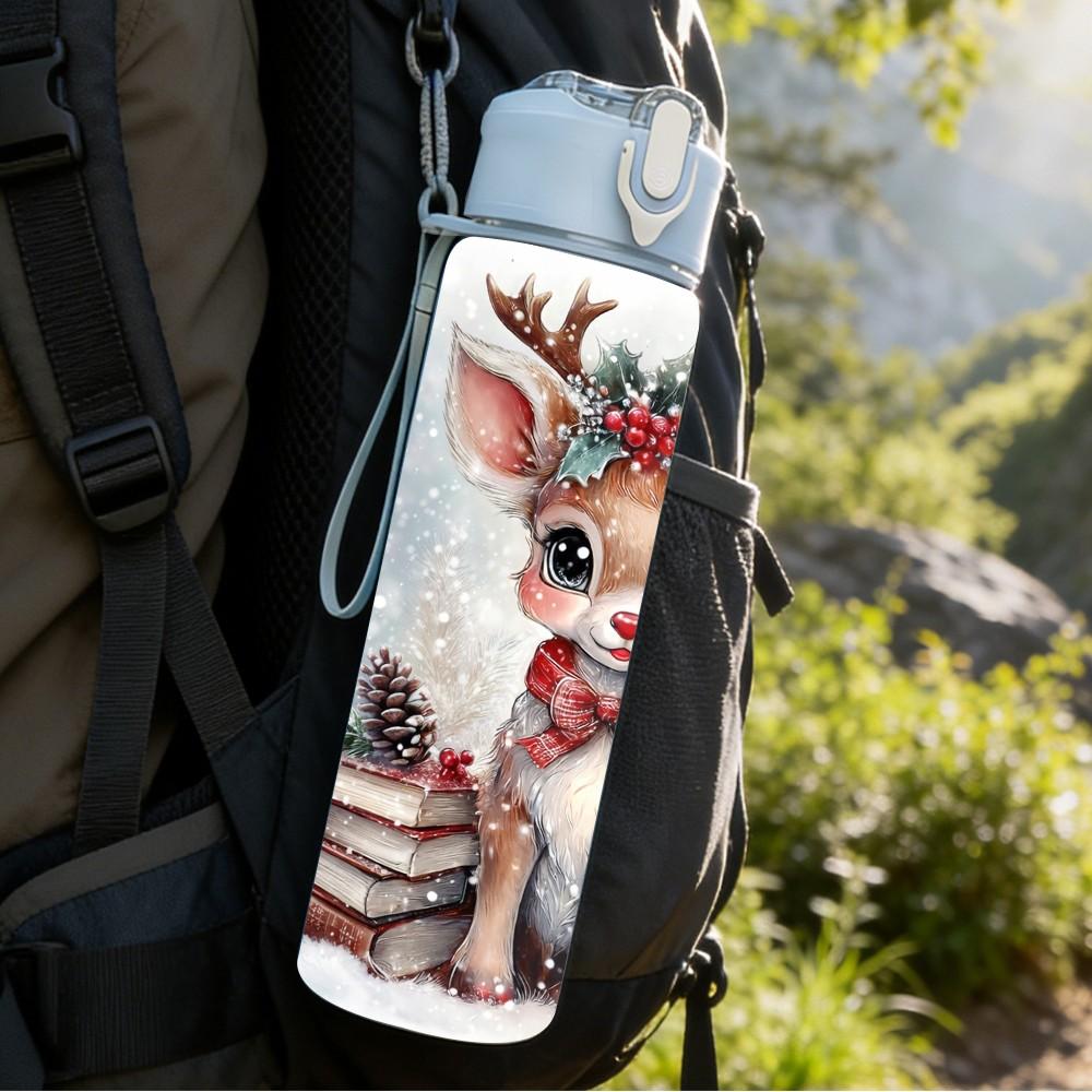 1PC Christmas Deer Snow Winter Animal Art 750ml Color Plastic Sports Water Bottle Leakproof Flip Straw Lid Suitable for Sports Office Home Use
