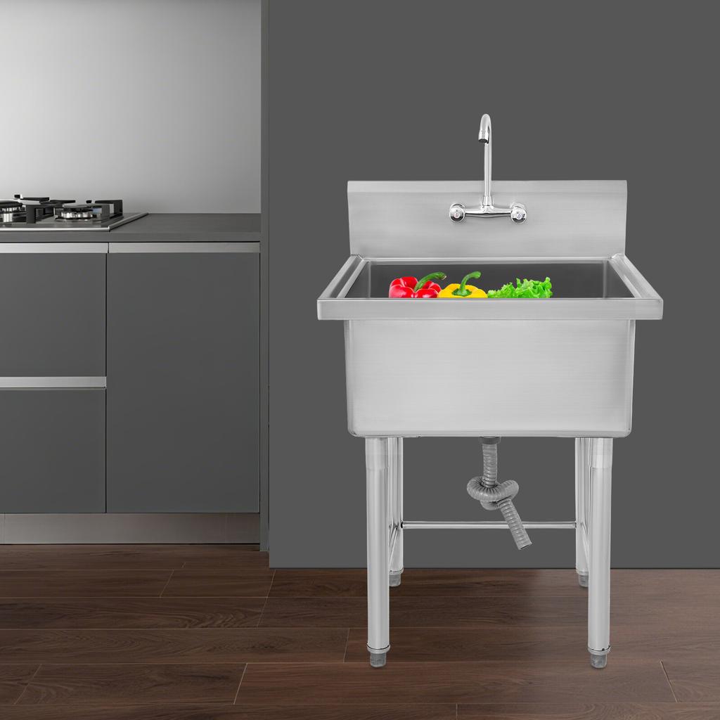 Single Basin Commercial Sink with Faucet, 304 Stainless Steel Freestanding Kitchen Sink, 27x24x40.5 In Bar Restaurant Prep Sink