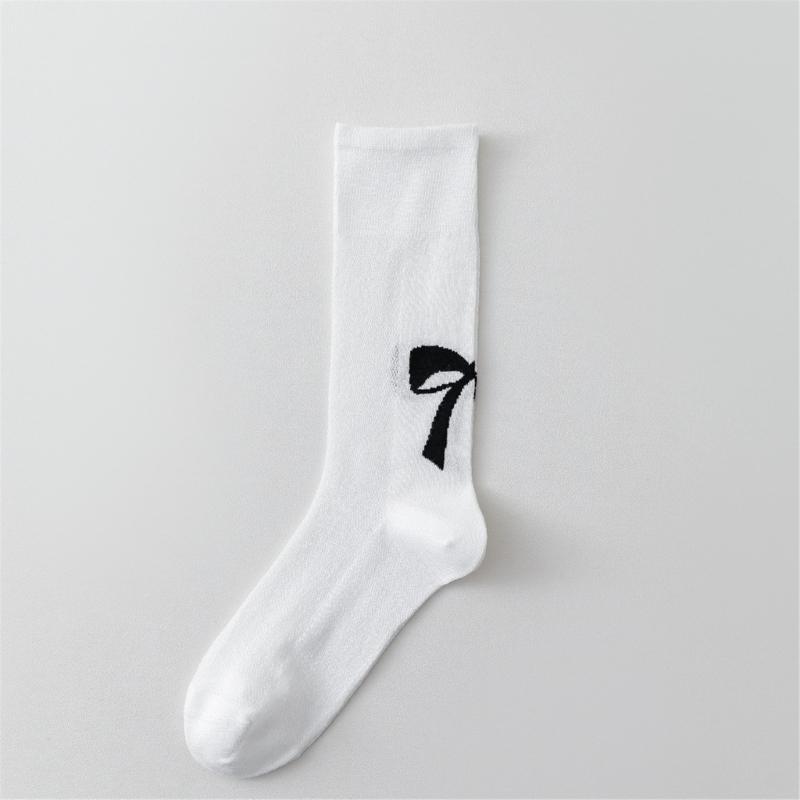 Cute Bowknot Pattern Long Calf Length Socks for Women and Girls Breathable Mesh Ribbed Student Cotton Stockings Hosiery