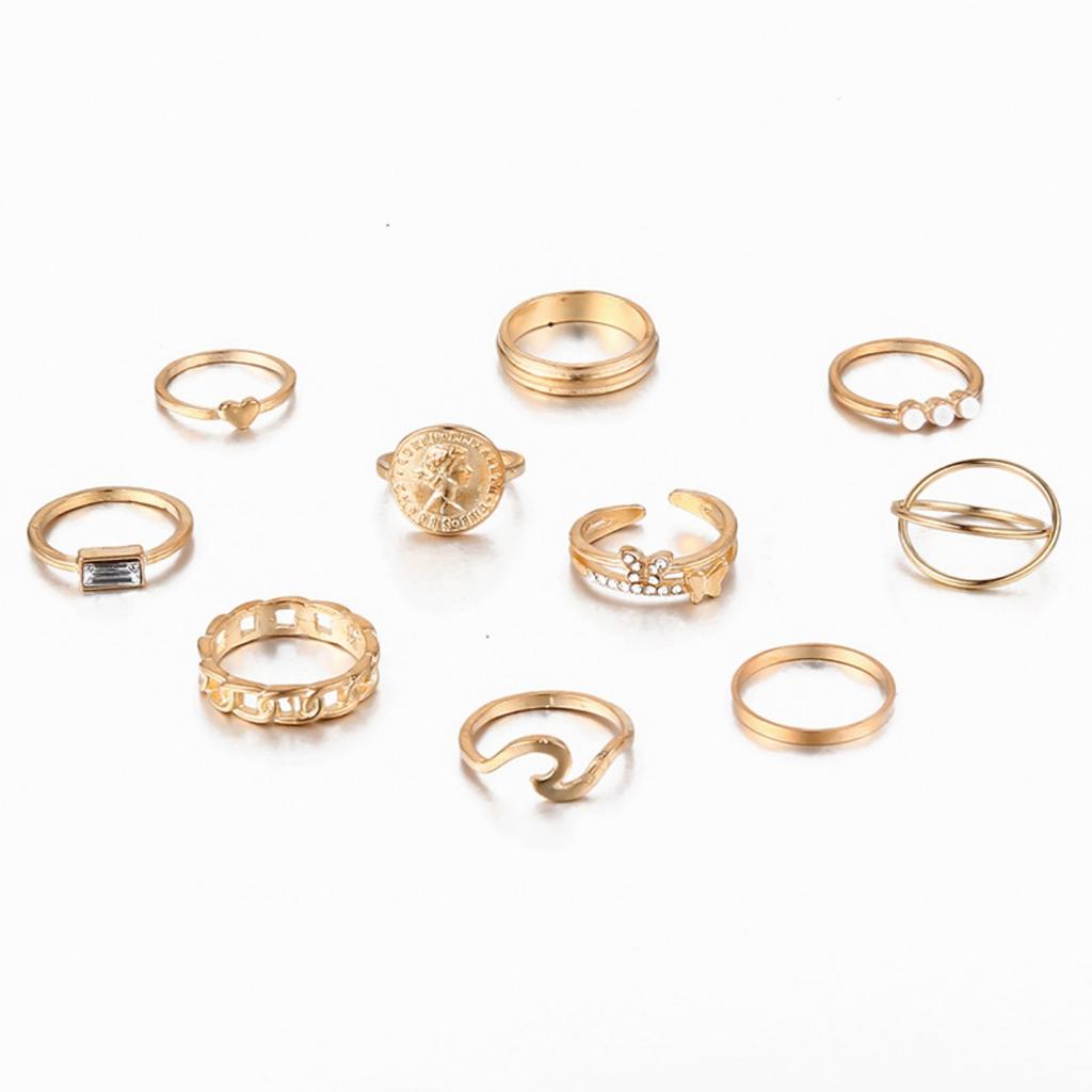 10-Piece Female Ring Set with Zirconium Butterfly Love Artificial Pearl Joint Stacked Ring Set