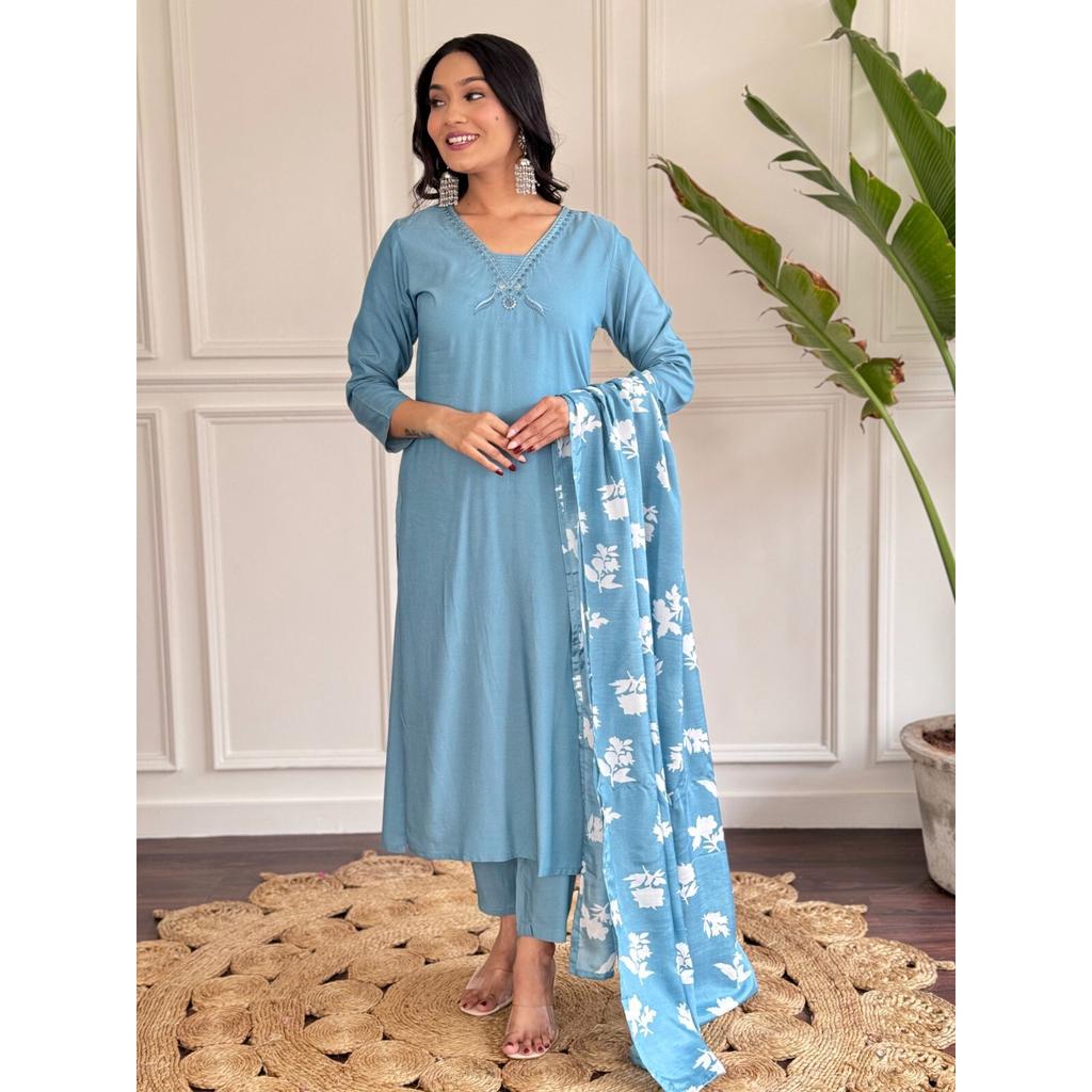 Indian Bollywood Chanderi Kurti Women Designer Top Tunic Kurta Pant Dupatta Set SC-2288