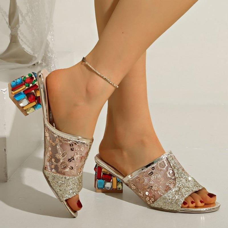 Women's Sequin Peep Toe Single Strap Mid Heel Sandals, Chunky Heel Summer Slides