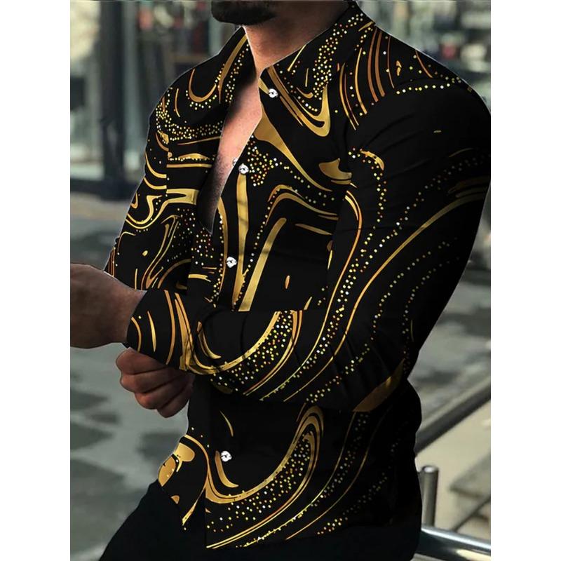 2024 Nouvelles Chemises Hawaïennes Chemises à Motifs Dorés de Luxe Mode Homme Chemises Décontractées Manches Longues Revers Chemises de Plage Vêtements pour Homme