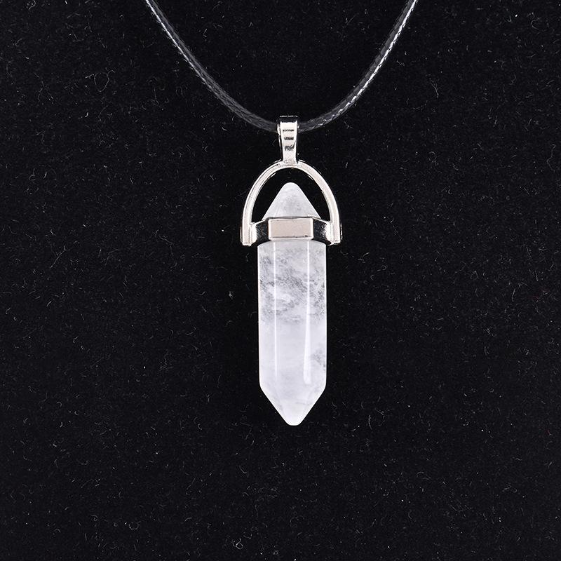 New Hexagonal Column Natural Stone Choker Necklaces Vintage Pink Purple Crystal Pendent Necklace for Women Leather Chain Jewelry
