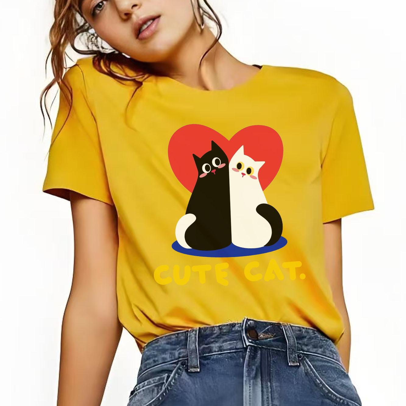 Cute black and white cat cartoon print pattern street style Tshirt short sleeved round neck casual Womens Tshirt S