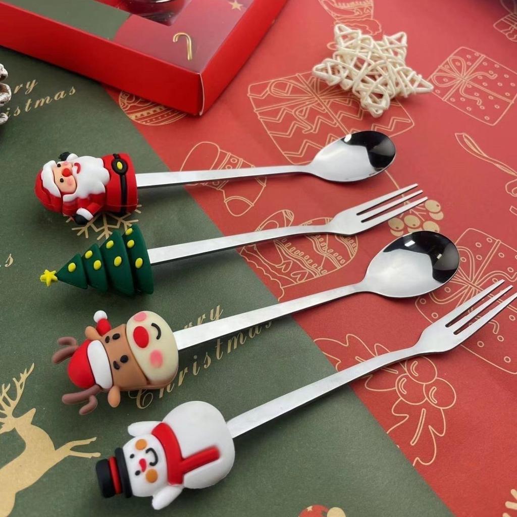 Christmas Set Stainless Steel Spoon Tableware Fruit Fork Spoon Gift Box Set Cute Elk Cartoon Girl