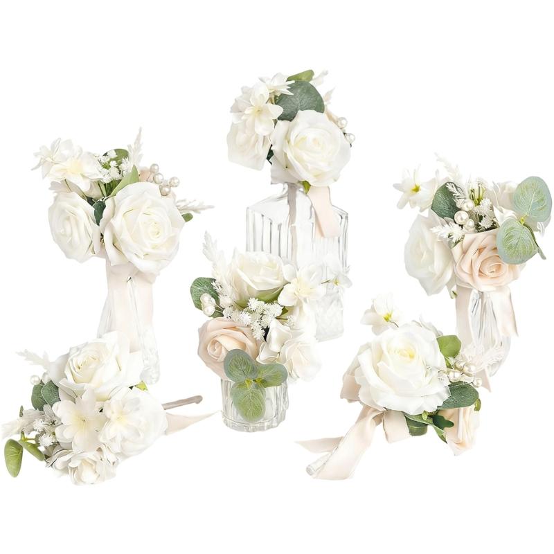 6Pcs Wedding Bouquets with Ribbon for Bride and Bridesmaid Realistic Artificial Rose Flower Bouquets Photography Tool