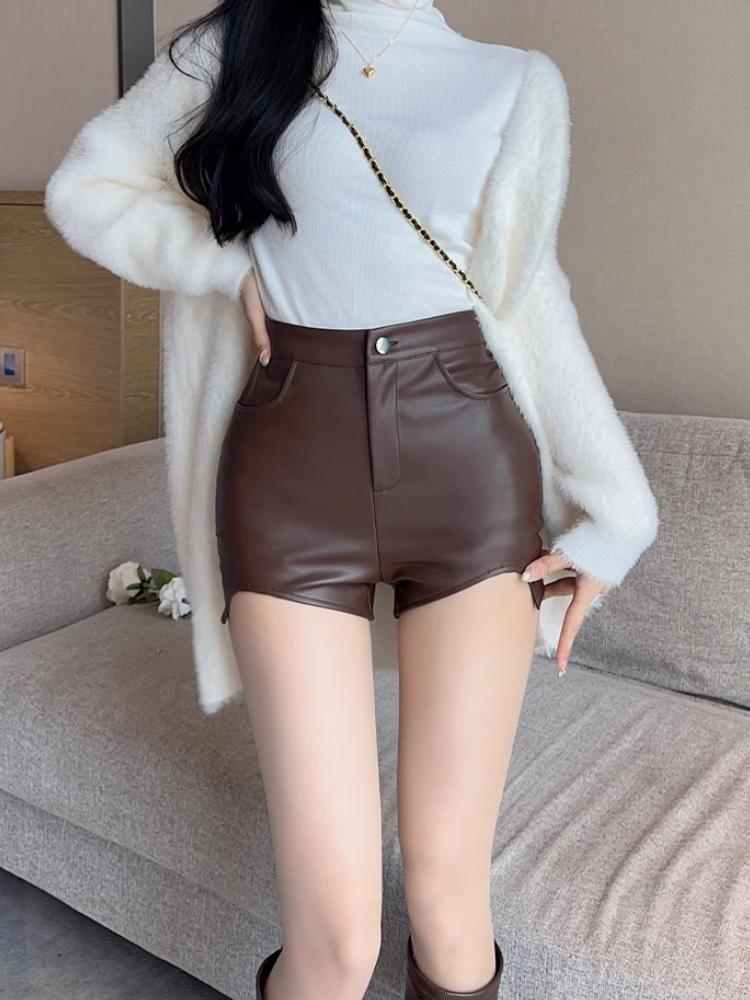 Umělá kůže Goth Dámské šortky s vysokým pasem Y2k Sexy Černá PU Móda Ležérní Letní šortky Kalhoty Dámské Oblečení