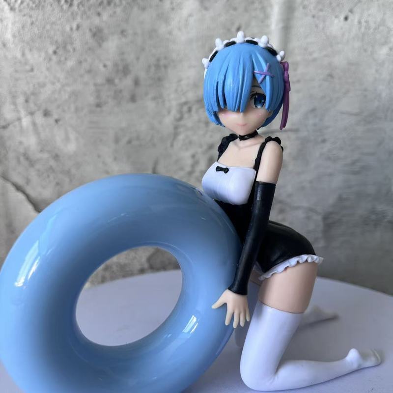 Re Zero Rem Anime Figur Kniende Pose Blauer Schwimmring Schönheitsmädchen Statue Schreibtischdekor Sammlermodell Schmuckstück Für Anime-Fans
