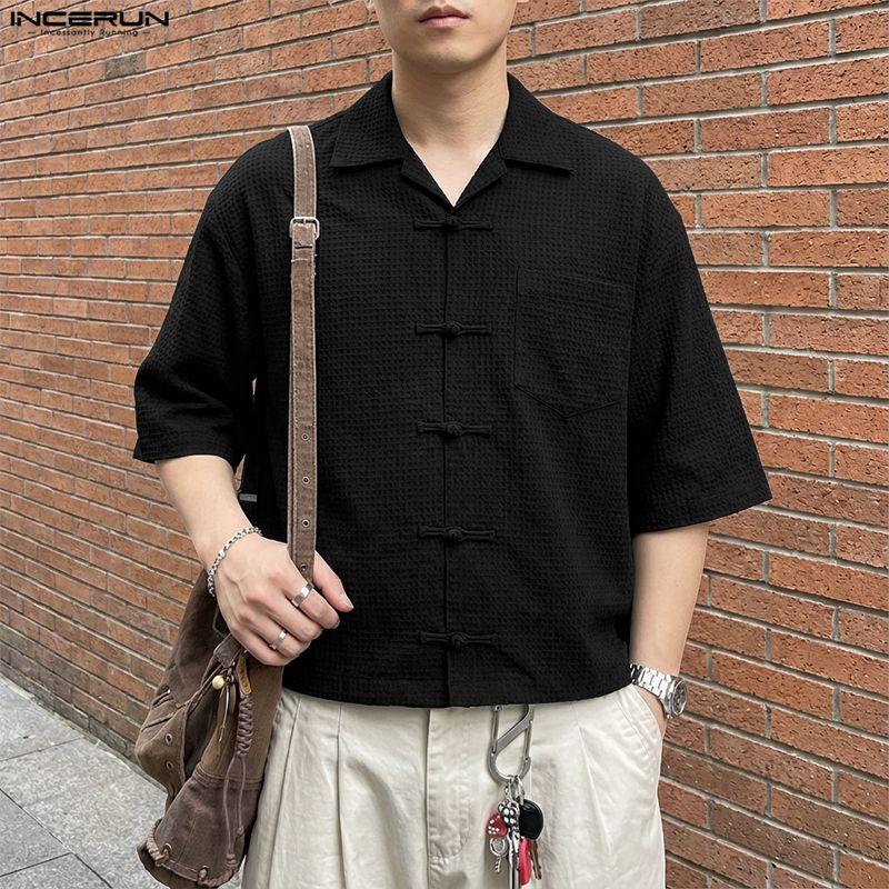 INCERUN Summer Men Lapel Neck Short Sleeve Vintage Knot Casual Shirts Tops