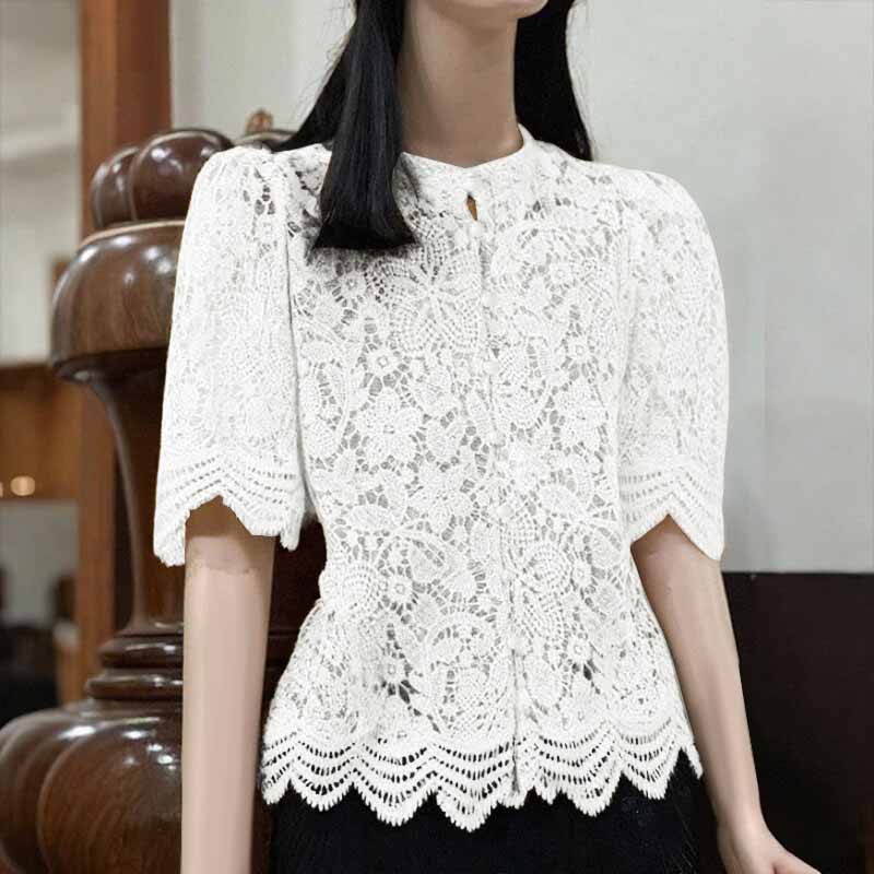 

ZANZEA Женская летняя блузка с кружевной вставкой крючком, воротником-стойкой и рукавом до локтя белый