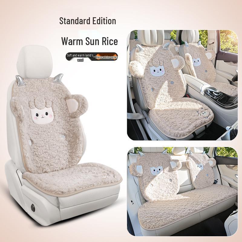Women's Cute Cartoon Plush Winter 3-Piece Car Seat Cushion Set for Five-Seat Vehicles