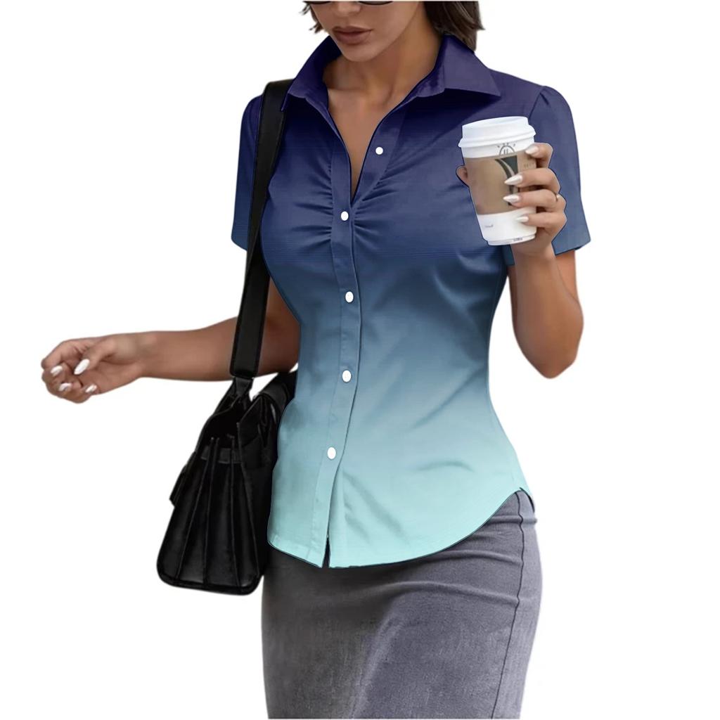Women's Short Sleeve Button Down Shirt Slim Fit Collared Business Casual Office Blouse Tailored Top for Summer Workwear