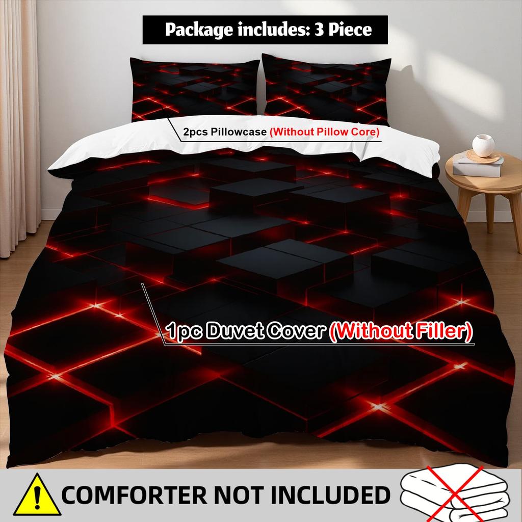 3pcs Red Glowing Geometric Cubes Print Duvet Cover Set – for Kids Gift 100%Polyester, Soft, Breathable for Bedroom Decoration