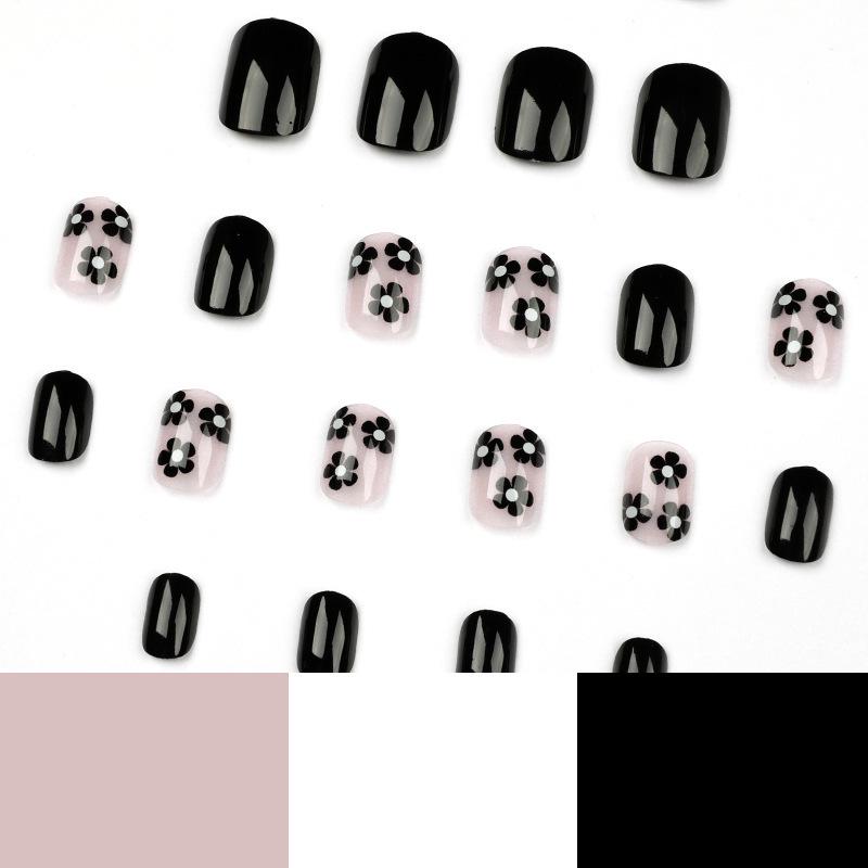 Black Small Flower Press-On Nail Art Tips – Finished Press-On Nails