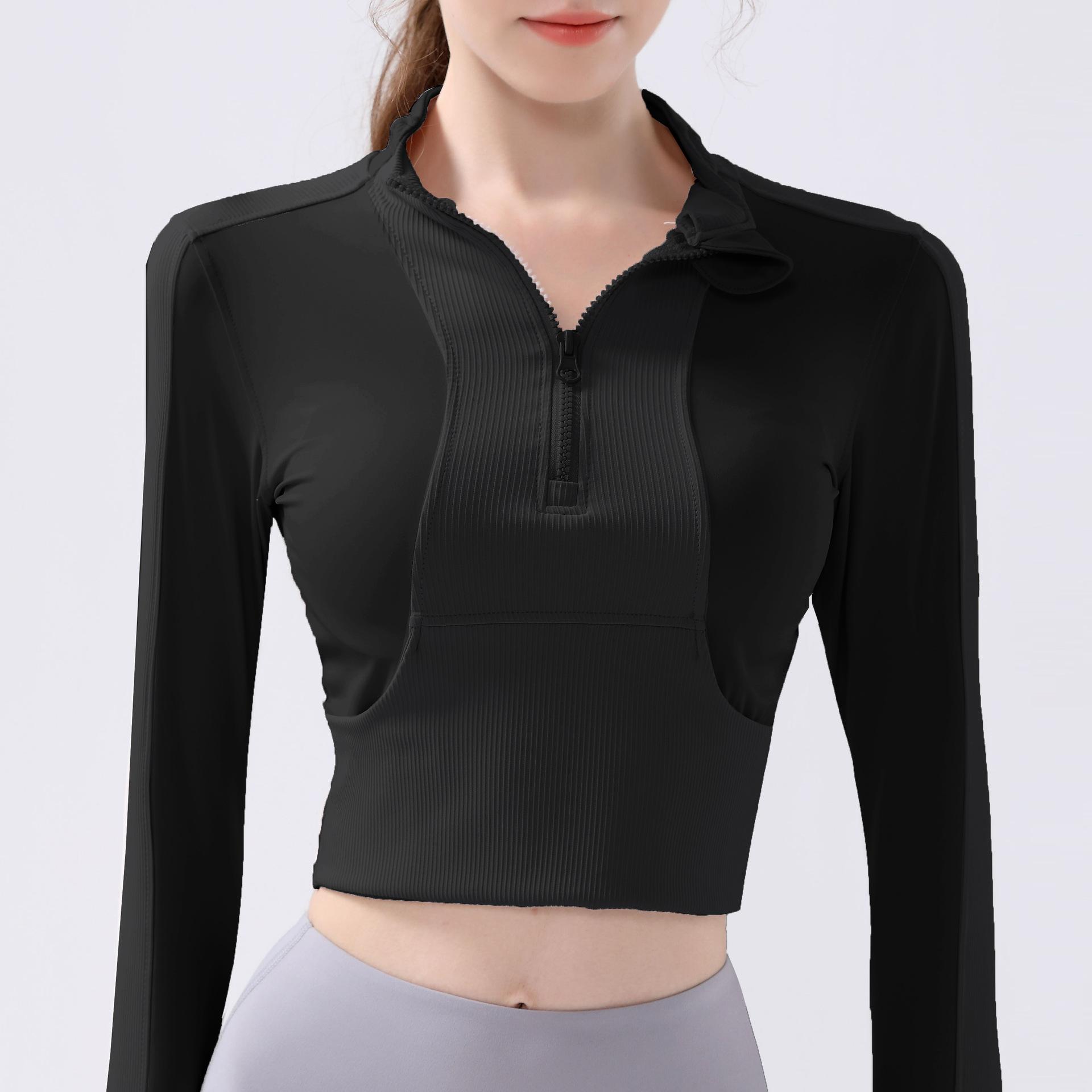 

Half-zip Sports Yoga Jacket, Autumn And Winter Style, Tight-fitting Long-sleeved Short-length Running Jacket, Slim-fitting Fitness Wear L чорний