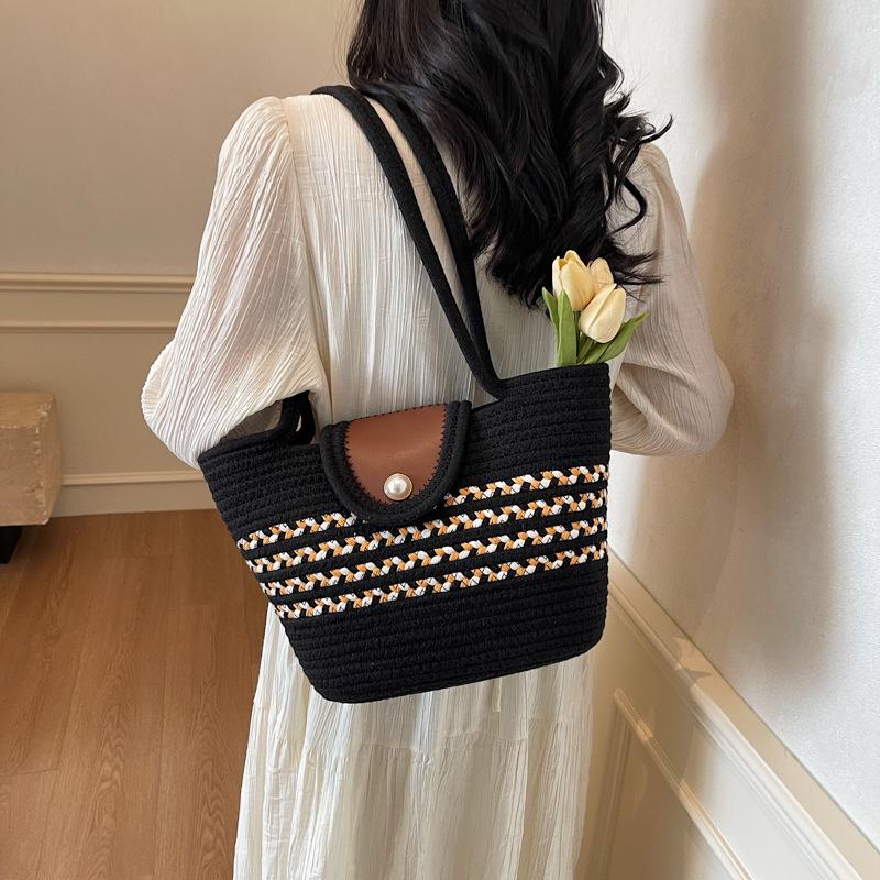 Cotton Woven Bag Spring New Fashion Portable Shoulder Bag Contrasting Color Sweet Girl Bag Seaside Vacation Beach Bag