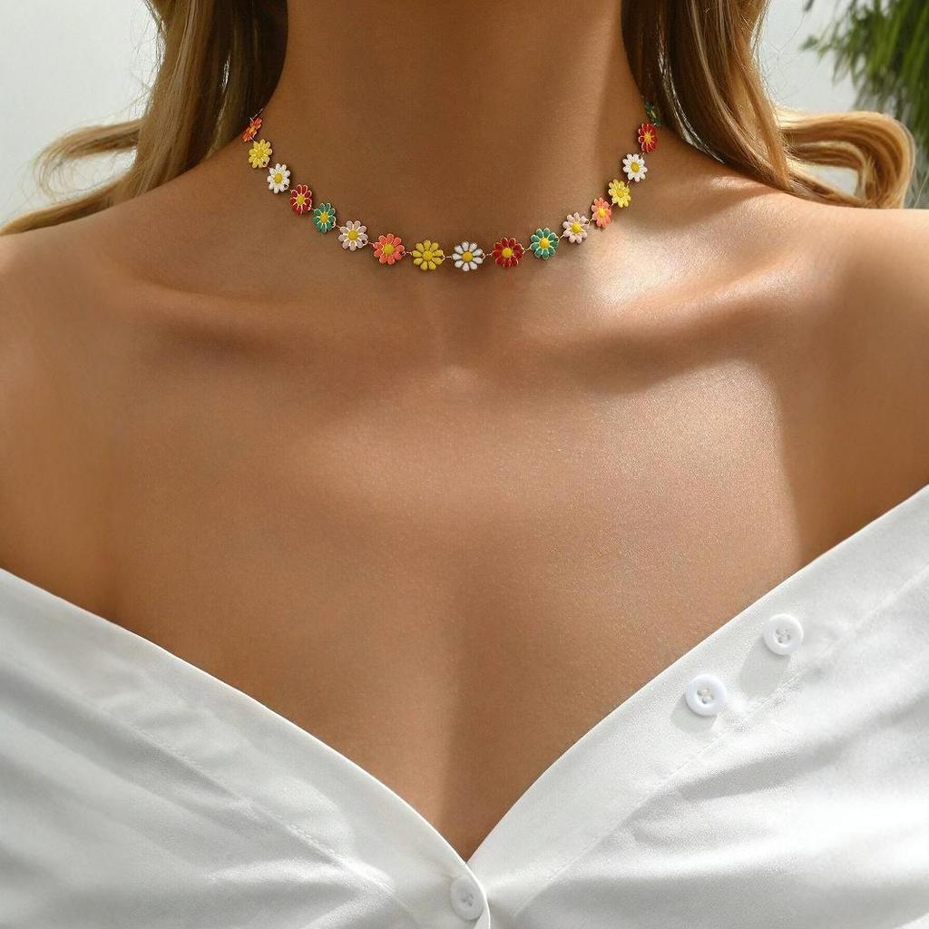 Kolorowy naszyjnik Dopamine Daisy - uniwersalny, świeży kwiatowy łańcuszek na obojczyk dla kobiet