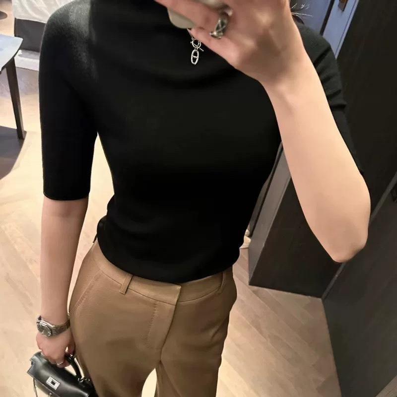 Women's Worsted Wool Half Turtle Collar Pullover Bottoming Shirt Slim Fit Thin Quarter Sleeves Trendy Knitted Inner Style