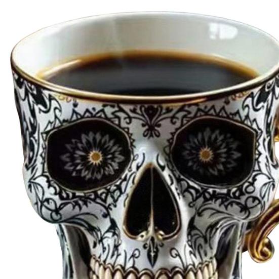 Gothic Skull Coffee Mug Royal Skeleton Cup with Gold Trim Resin Goth Tea Cup Unique Halloween Gift for Skull Lovers