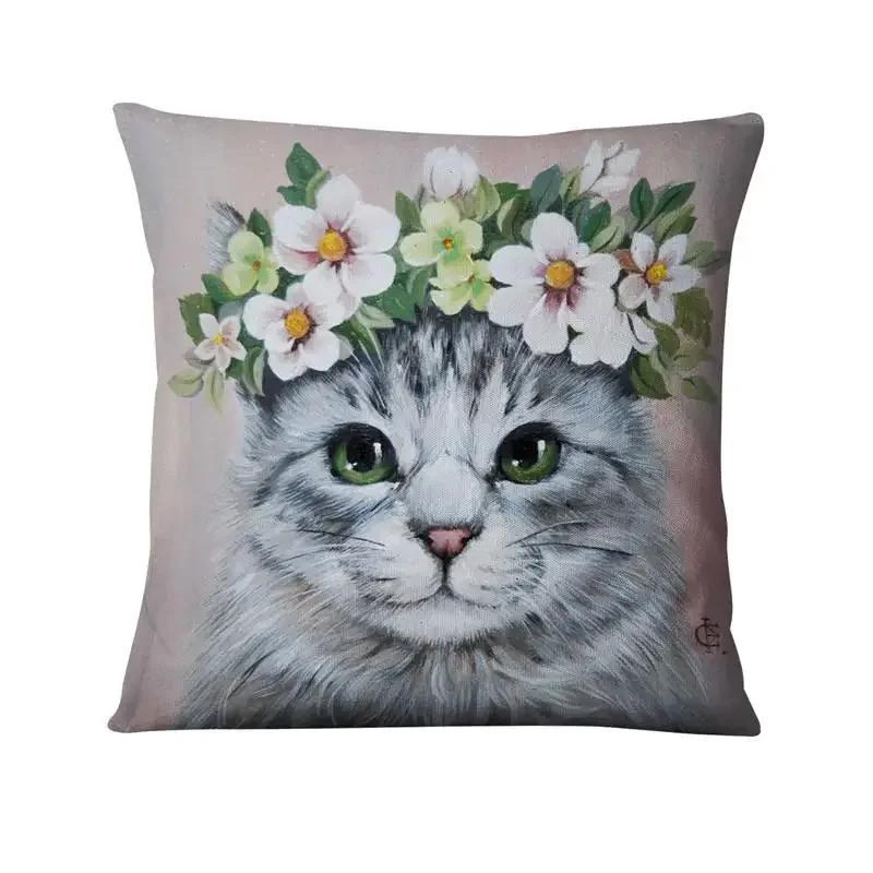 Cute Flower Cat Print Pattern Cushion Cover for Home Living Room Sofa Bedroom Decoration Throw Pillow