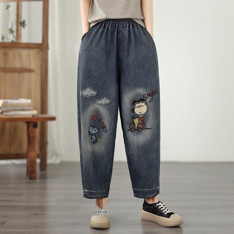 

Plus Size Soft Denim Embroidered Elastic Loose-Fit Casual Carrot Pants M светло-синий