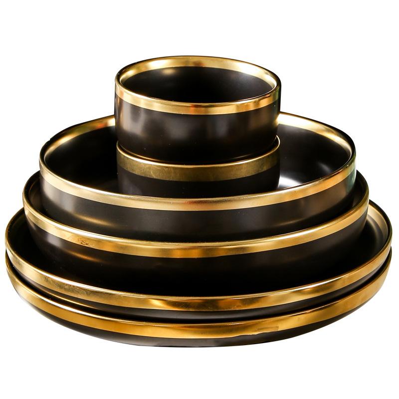 Matte Black Ceramic Dinnerware Set with Gold Trim 1PC Bowls Plates Soup Dishes Ins Style Tableware