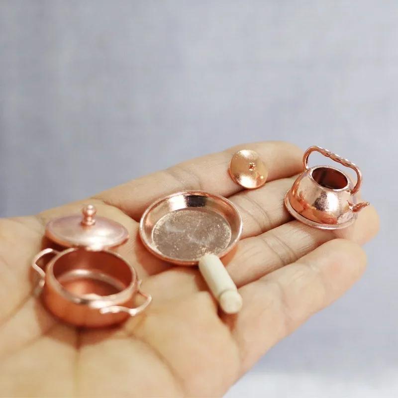 3ks/Sada 1:12 Miniaturní bronzová pánev pro panenky, hrnec na vaření, konvice, nádobí, kuchyňská sada na vaření, doplňky pro panenky