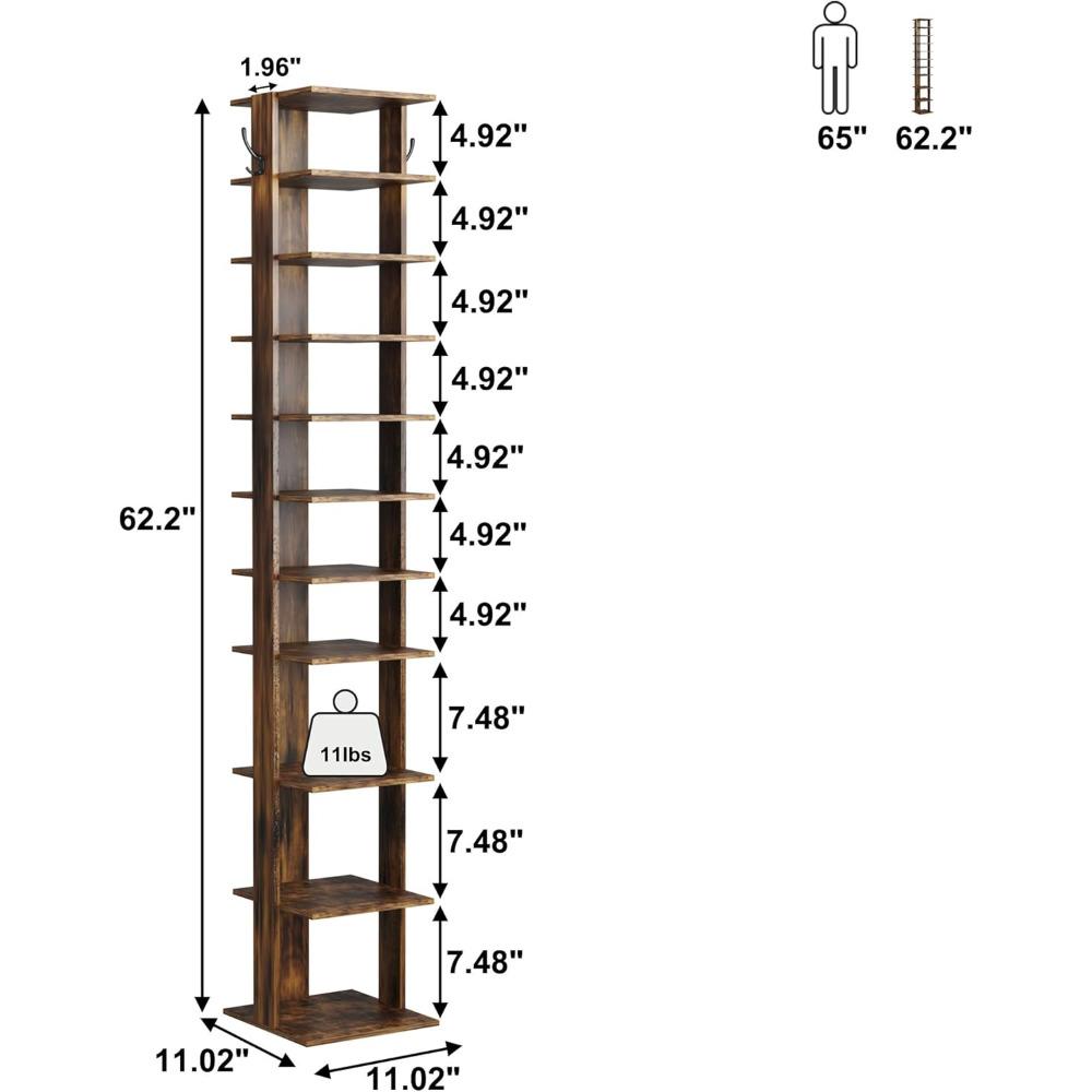 10-Tier Vertical Shoe Rack, Corner Shoe Tower, Slim Shoe Organizer with Two Hanging Hooks, Wooden Shoe Storage Stand forEntryway