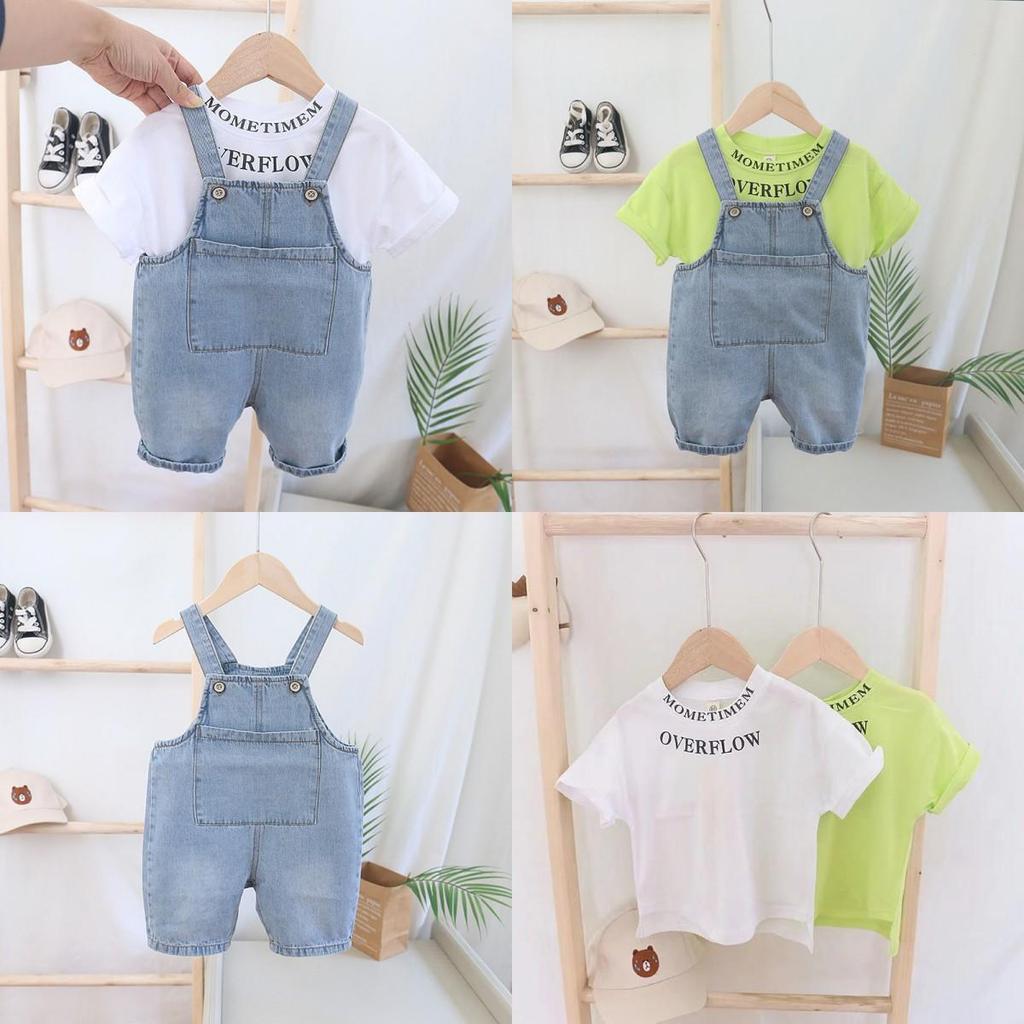 0-5 Years Old Kids Outfit for Boys and Girls Korean Fashion Clothes Set Toddler Denim Overalls+baby Cute Tshirt 2 Pieces Set