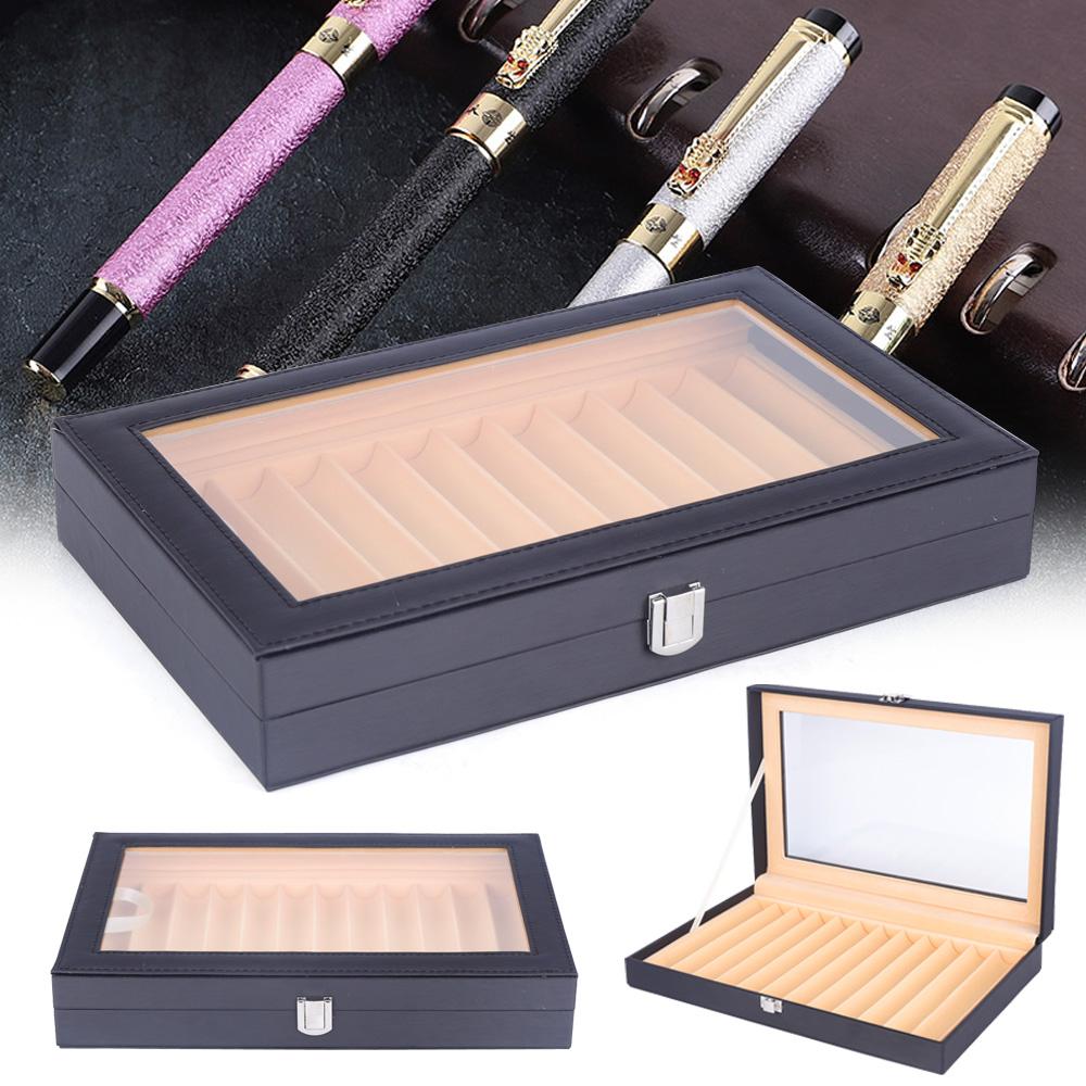 12 Slots Fountain Pen Storage Box, Wooden Pen Display Organizer with PU Leather Cover, Collector Case  for Writing Enthusiasts
