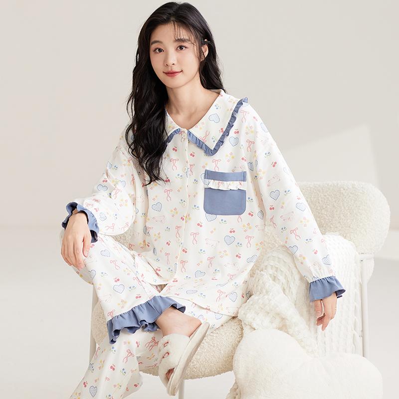 Dámská bavlněná pyžamová souprava Podzim Zima Límec na klopu Roztomilé noční prádlo Princeznovský styl Noční oblečení Dámské s dlouhým rukávem Domácí oblečení