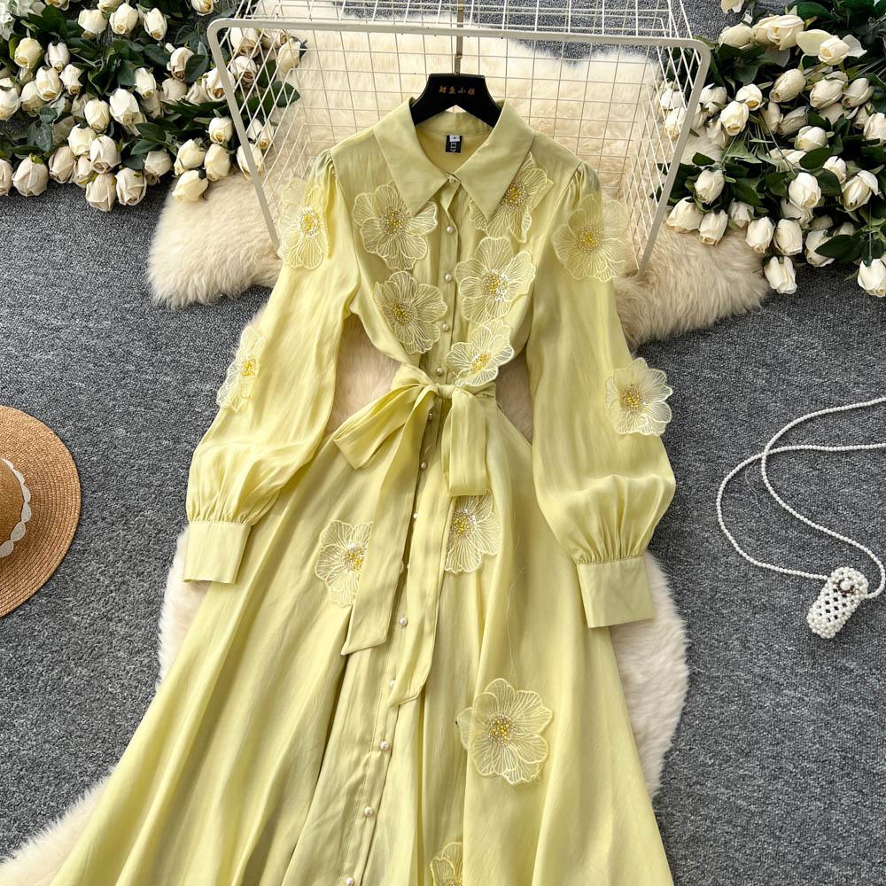 Chic Vintage Three-dimensional Single Breasted Slim Elegant Fairy Korean Fashion Boho Women Clothing Long Dress