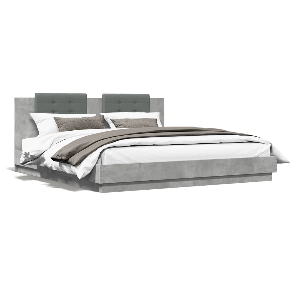 Bed Frame with Headboard and LED Lights Concrete Grey 200x200 cm