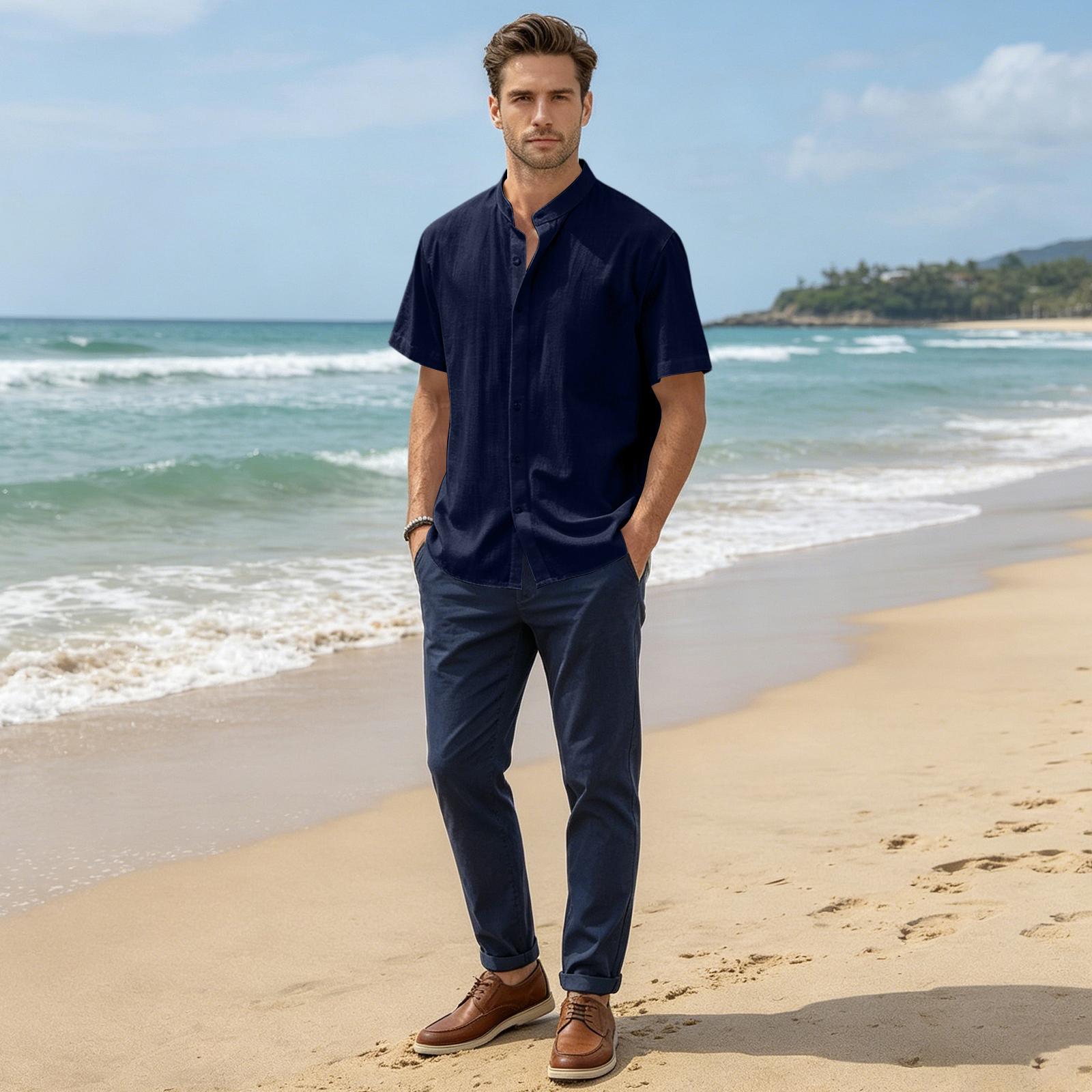 

Men’s Short Sleeve Stand Collar Button Down Shirt Casual Loose Fit Lightweight Soft Fabric Summer Top M