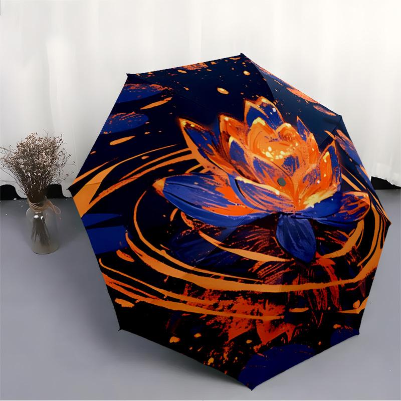 1pc Lotus Pond Automatic Open/close Folding Compact Umbrella, 8-Rib Sturdy Canopy, Lightweight Portable, Everyday Use, Gift, Outdoor Umbrella, Travel