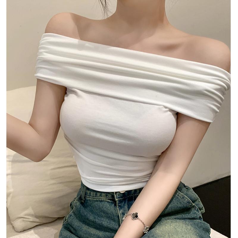 Summer Solid Slim Fit Off Shoulder Sexy T-shirt for Women Elegsnt Short Sleeve Casual Tshirts Woman Slash Neck Simple White Tee Tops 24374
