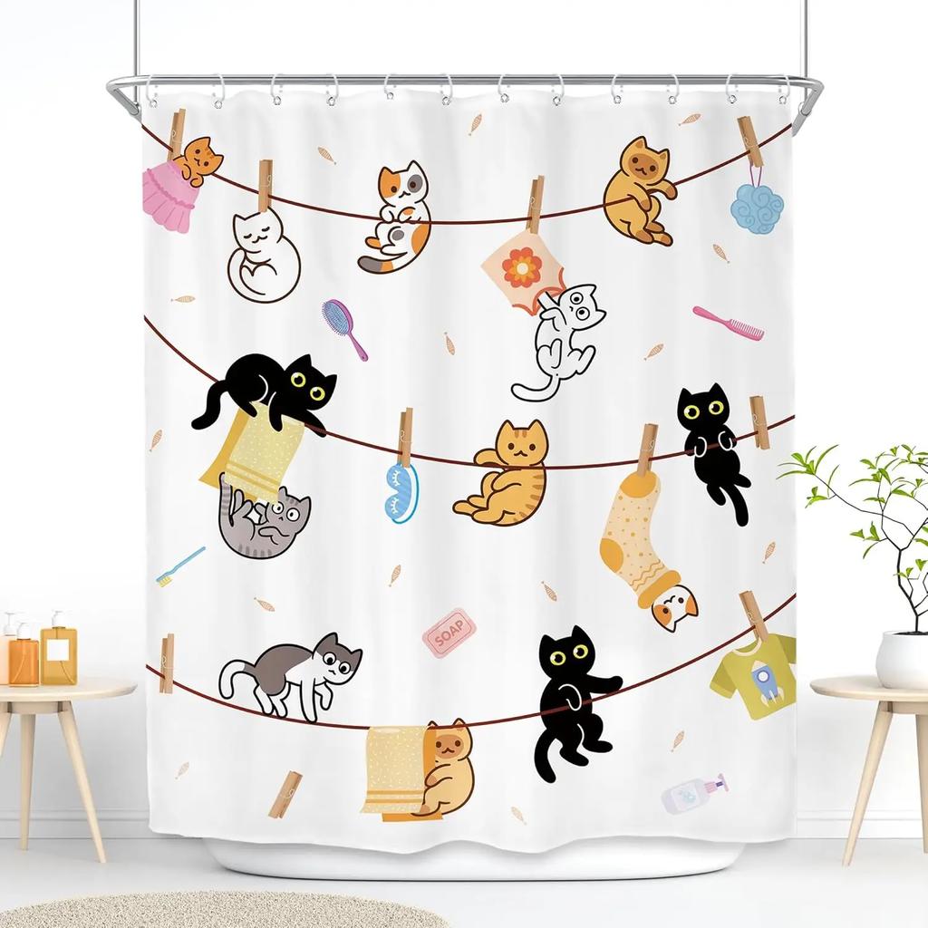 Zasłona Prysznicowa dla Kota Dzieci Śmieszny Słodki Uroczy Kreskówkowy Kociak Zwierzę Domowe Wspinające się na Drzwi Urzekający Nowoczesny 12 Haczyków Poliester