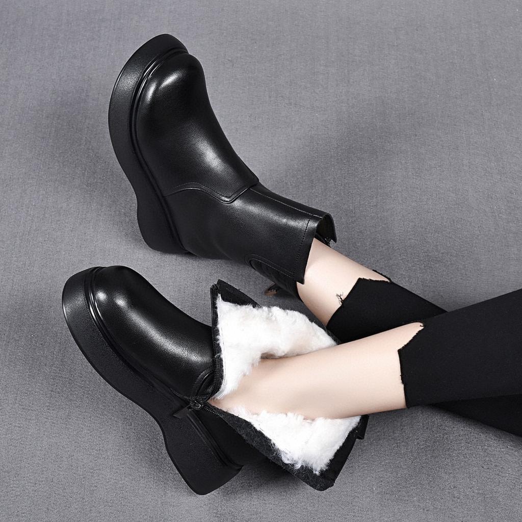 Martin boots women's boots new cowhide wool inner leather boots round head thick-soled medium boots cotton boots