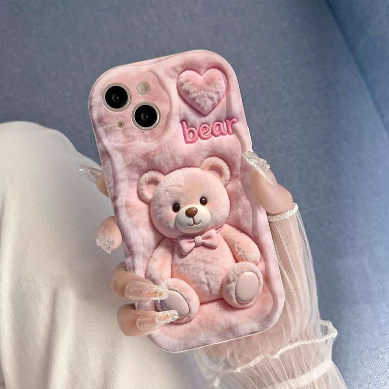 Cute Cartoon Pink Plush Bear Printed Phone Case For iPhone 17 16 Pro Max 15 14 13 12 11 Cover For iPhone Air 16E XS XR X Fundas