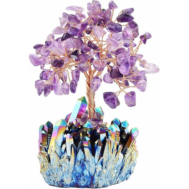 mookaitedecor Amethyst Crystal Tree, Quartz Cluster Rainbow Titanium Crystals Base Bonsai Money Tree for Wealth and Luck