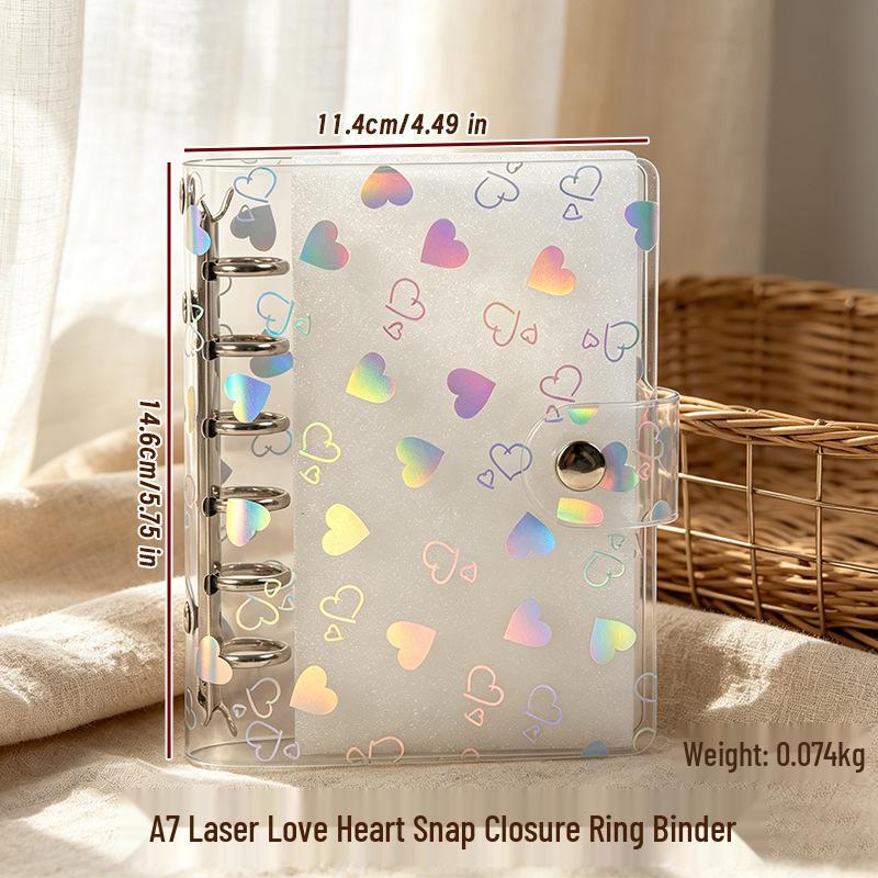 A5A6 Portable Transparent Snap Button Planner Cover with Laser Heart Design, A7M5 Card Holder, and Sticker Storage Album