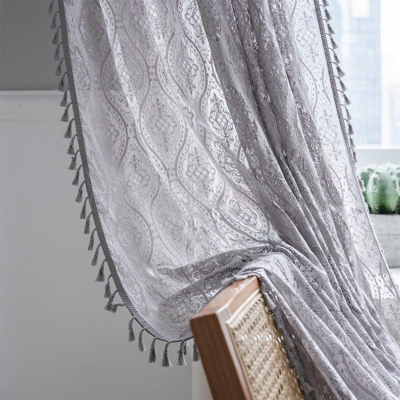 Gray Crochet Sheer Curtain Panel Living Room Bedroom Balcony With Rod Pocket Hook Grommet Options Cotton 60%